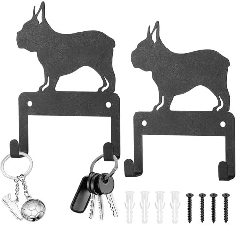 2 Pcs Porte Clef Mural, Porte Clé Mural avec 2 Crochets, Accroche Clef Murale pour Rangement des Clés, Porte-clés Muraux Noir pour Couloir Entrée Cuisine, Auto-Adhésifs ou à Percer (Bouledogue)