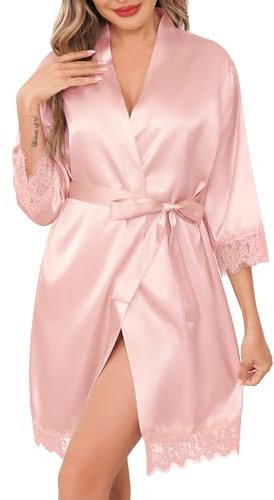 Lovasy Peignoir Satin Femme Mariage en Dentelle Robe de Chambre Soie Court Kimono Bride Sexy Léger Col V avec Ceinture Robe de Demoiselle d'Honneur,B-Rose,M
