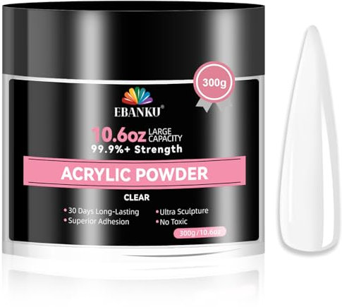 EBANKU Poudre acrylique professionnelle de grande capacité pour extension des ongles, sculpture des ongles, longue durée, pas besoin de lampe à ongles (Transparent, 300 g)