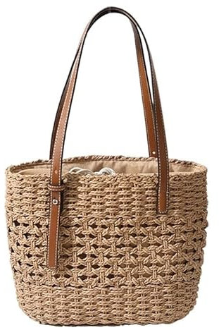 Sac Paille Sacs à main en rotin for femmes, fourre-tout de Shopping décontracté de grande capacité, en osier tissé, sac en paille de plage d'été, grand panier de voyage Sac En Paille(Khaki)