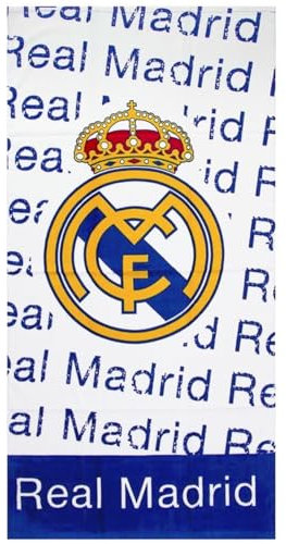 Serviette de plage officielle R Madrid 150 x 75 cm - 100 % coton, douce et absorbante, design avec logo du club, idéale pour la plage, la piscine ou un usage quotidien. Produit sous licence pour fans