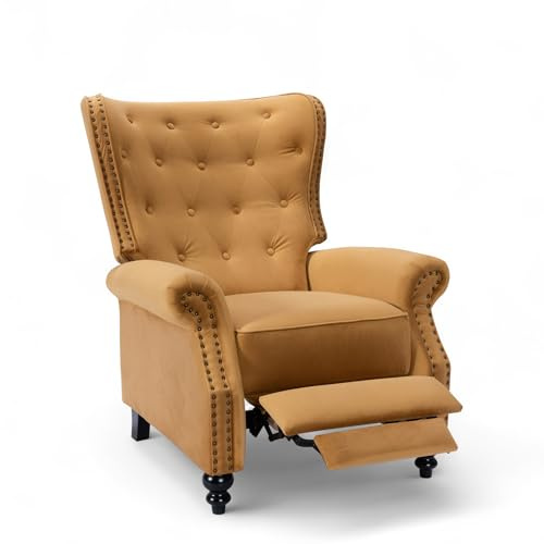Stunning Chairs Velvet Gold Chesterfield Armchair – Wingback Recliner Chair with Wooden Legs, Fireside Chairs for Living Room & Elderly, High Wing Back Arm Chair with Buttoned Back, Studs Detail