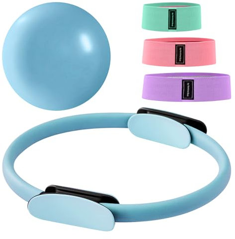 Trintion Pilates Ring Set 14 Premium Magic Circle with Dual Padded Handles, Includes 9 Anti-Burst Mini Ball 3 Resistance Bands (20/30/45 lbs) for Home Gym Pilates Equipment for Home (Blue)