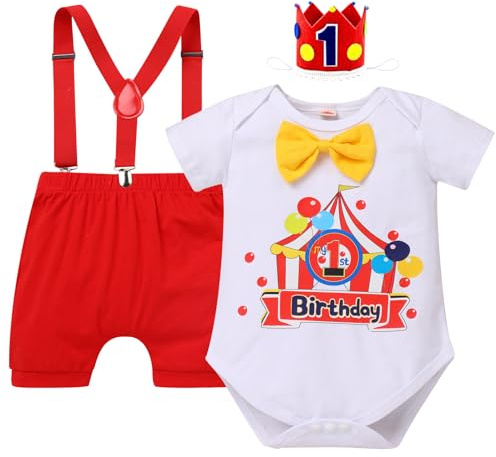 IBTOM CASTLE Circus Carnival First Birthday Outfit Boy Clown Short Sleeve Cotton Romper Bodysuit Shorts Crown Headband Photo Shoot Cake Smash Baptism Baby Boy Clothes Set Red 12-18 Months