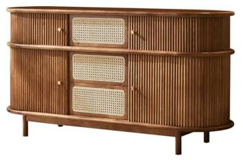 Buffet de salle à manger rétro en bois et rotin – Meuble de rangement de cuisine avec tiroirs à volets roulants et buffet, parfait pour la décoration du porche et du salon