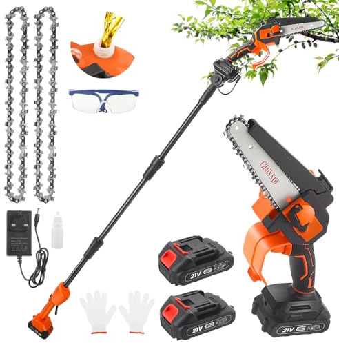 2 in 1 Akku Hochentaster 6 Zoll Mini Kettensäge, Elektro Teleskop Astsäge mit 2×1.5Ah 21V Akku & Ladegerät, Arbeitshöhe bis 4.2M, Gartenscheren Astschere Holzschneidenz Motorsäge mit Ölsystem