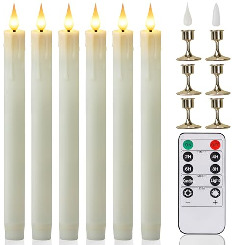 MI CASA LED Taper Candles Flickering with Remote Timer, Pack of 6 Battery Operated Drip Wax Ivory Flameless Taper Candles with 2 Replacable Flame Tips and 6 Candle Holder, Christmas Home Wedding Decor
