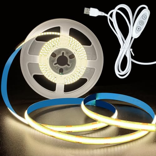 HEXJOSGL 5V USB COB LED Strip Lights Natural White 4000K 8mm Width 320LEDs/M Dimmable Flexible COB LED Tape Lights for TV Backlight Cupboard Display Shelves Mirror DIY Home Decor (Natural White, 1M)