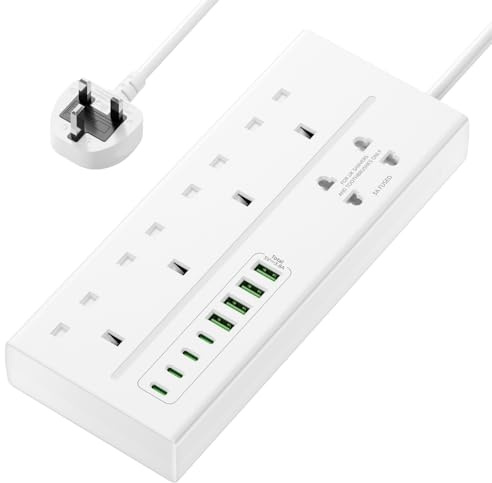 4 Way Extension Lead with USB Slots, VoltFlow 4 Gang Plug Extension Socket with 8 USB Ports, 1.8M Extension Cable with Switch 13A Overload Protection Power Strip for Home, Kitchen, Office