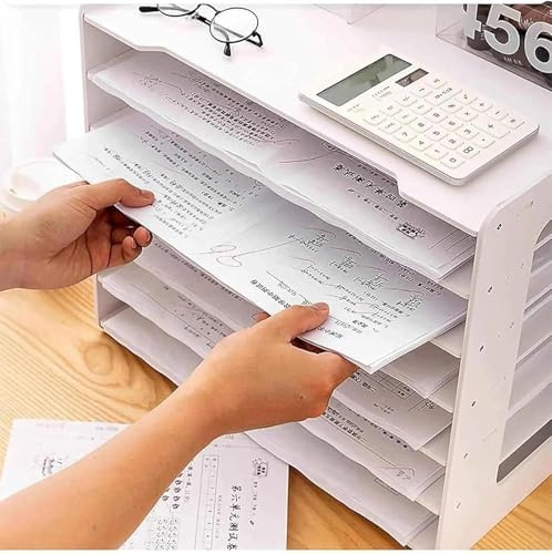Extra Large Desk Organiser – A3 Paper Organiser Tray with 7-Tier Filing Trays Stackable, Wooden File Organiser Rack for Office and School