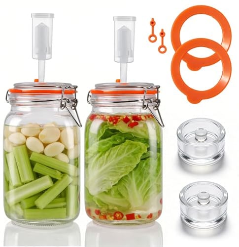 Hoyiyobi 1,5L Fermentierglas, FermentiergläSer mit GäRventil und Gewicht, Fermentieren Starter Set,Kefir Glas mit Deckel, Fermentierset Gärglas für Sauerkraut, Kimchi, Kombucha und Pickles (2er-Pack)