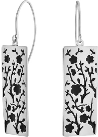 925 Sterling Silber Ohrringe, Rechteckige Blumen Design Hänger, Schwarz-Weiß Emaille Muster, Lange Ohrhänger mit Floralem Motiv