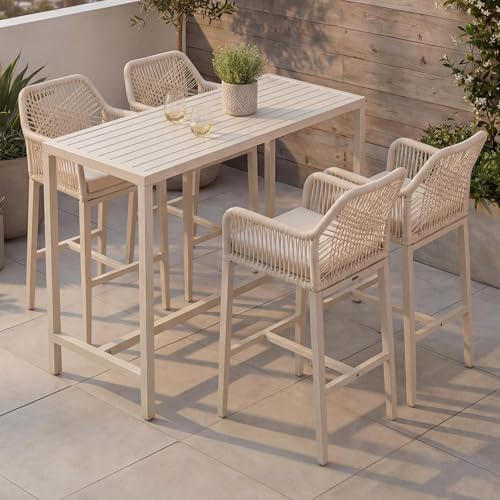 Mendler Set Bartisch + 4X Barhocker HWC-P91 Metall - Creme | Barstuhl, Stehtisch, Outdoor, Sitzpolster, Seilgeflecht