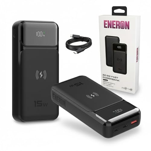 Eneron Powerbank 20000mAh, Wireless Schnellladegerät 15W und USB-C PD 22.5W, Tragbare Externe Batterie mit LED-Anzeige, Kompaktes Power Pack Induktion für Smartphone, Schwarz