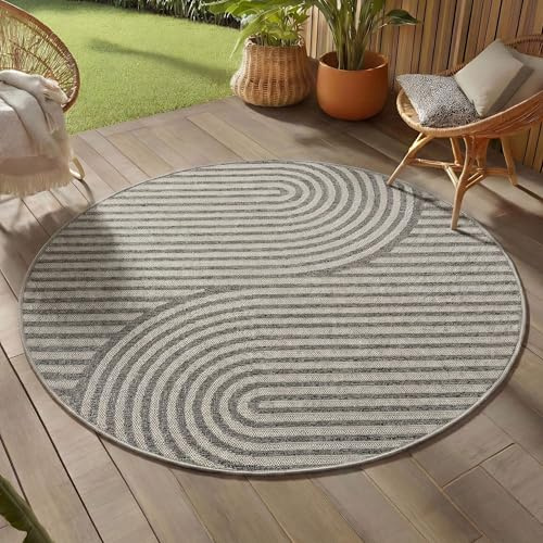 Teppium Outdoor Teppich Rund 80 cm Grau, Wetterfest UV-beständig, Balkon Teppich Küche Flur Indoor Outdoor, Skandi Boho Design Pflegeleicht