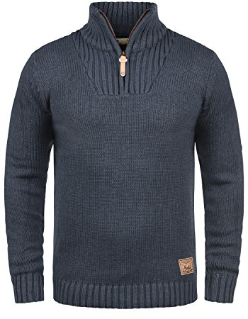 !Solid SDPetro Herren Strickpullover Troyer Grobstrick Pullover mit Troyerkragen Rippbündchen Label-Details Baumwollmischung Regular fit, Größe:L, Farbe:Insignia Blue Melange (8991)