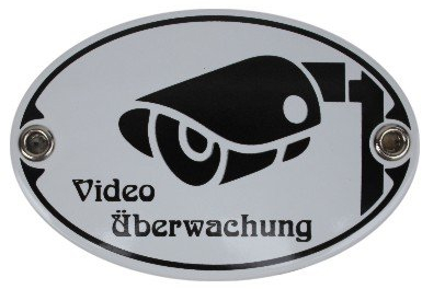 Türschild Video Überwachung Emaille Schild Jugendstil 7 x 10,5 cm Emailschild oval weiß (ohne Holzrahmen)