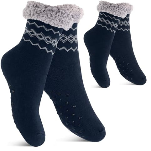 Footstar Damen und Herren Winter Haussocken (2 Paar) Kuschelsocken - Navy 43-46
