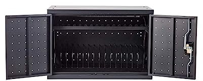 Pearington 16 Device Portable Table Top Charging and Storage Cabinet for iPads, Chromebooks and Laptop Computeres, Up to 17 Screen Size, Bonus Shelf, Side Handles, Locking Front Door, Cable Clips