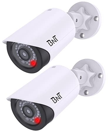 BNT Telecamera finta di sicurezza, con una luce LED rossa di notte, per la sicurezza domestica e aziendale per interni ed esterni (confezione da 2, bianco)