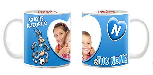 Tazza Mug per Napoli gadget compatibile Personalizzabile con tua fotografia e nome Cuore azzurro con mascotte
