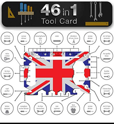 Multi Tool Card Size Gadget Wallet Set - 46 in 1 Pocket kit | Outdoor Camping Multitool Accessories | Stainless Steel | Perfect for Men British Presents | UK Union Flag - Union Jack Flag Coloured