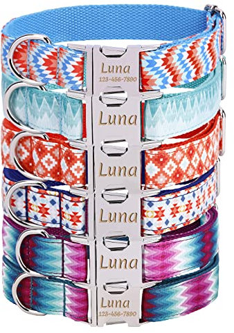 JH Personalised Dog Collar with Name Plate, Adjustable Tough Nylon Customize Engraved ID Collar with Metal Buckle, Options to Matching Style Leash and Bowtie(XS, S, M, L, XL) (Geometry Style)