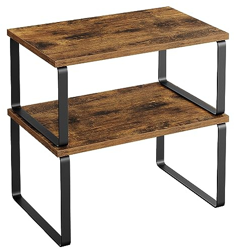 SONGMICS Cabinet Organizer Shelf, Set of 2 Kitchen Counter Shelves, Kitchen Storage, Spice Rack, Stackable, Expandable, Metal and Engineered Wood, Ink Black and Rustic Brown UKCS020X01