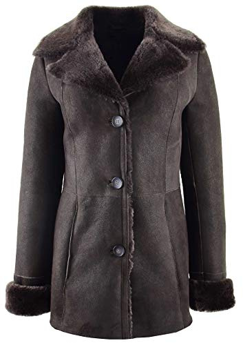 House of Leather Damen Echt Schaffell Mac Mantel Mittel Länge Klassisch Stil Tammy Braun 38