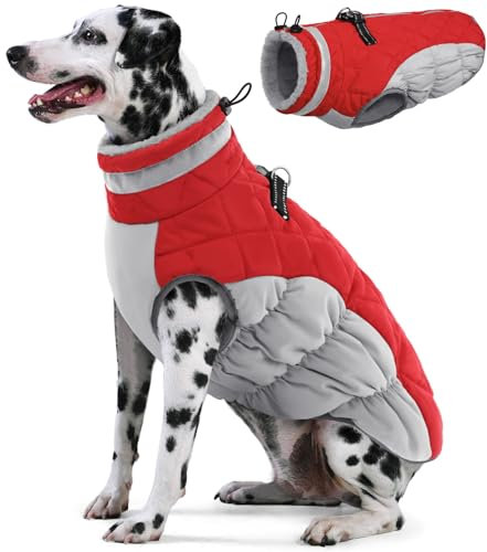 AOFITEE Extra Großer Hundemantel, Warme Wasserdichter & Winddichter Hundejacke mit Bauchschutz, Rollkragen Reflektierende Hund Wintermäntel, Outdoor Fleece Hundebekleidung für Windhund, 3XL Rot