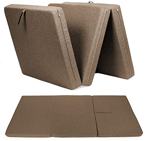 sunnypillow Premium Klappmatratze 80 x 195 x 15cm Braun | 3-teilige Faltmatratze mit abnehmbarem Bezug | Schaumstoff extra dick 15cm | Matratze faltbar klappbar Gästematratze Reisematratze |