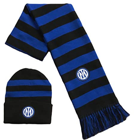 CALCIOGADGETS Set INTER Sciarpa + Cuffia Ufficiale Logo Nuovo 2021 Kit F.C. Internazionale Ricamato Invernale Tubolare Berretto Cappello Cappellino in acrilico SETINTSTCNS