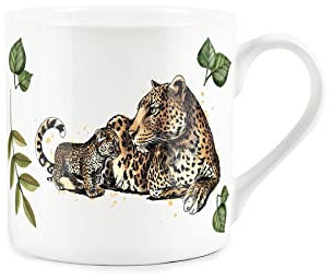 Purely Home Lounging Leopards Mum & Baby Cub with Exotic Jungle Leaves - Fine Bone China White Mug Coffee/Tea Present Gift for Animal Lovers