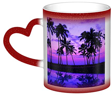 BVMPRS Tasse mit herzförmigem Griff, Keramik, wärmeempfindlich, Farbwechsel, ideal für Tee, Kaffee und mehr, Motiv: Palme, Violett