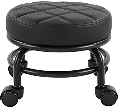 FURWOO Rollsitz PU-Leder Niedriger runder Rollhocker Bodenhocker mit Universal-Rollen für Home Fitness Sport Pediküre Hocker, H:25.5cm(Schwarz)