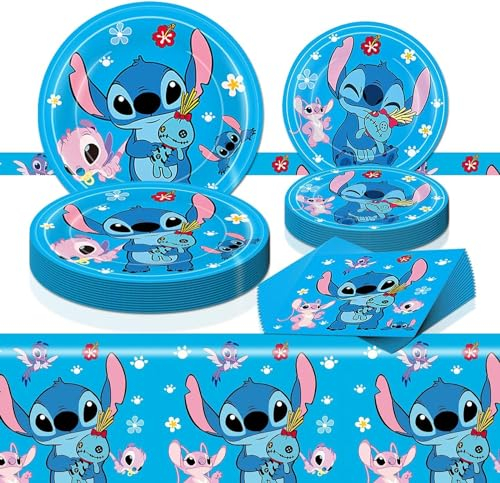 41Pcs Stitch Birthday Decorations, 20 Plates, 20 Napkins and 1 Tablecloth for Birthday Party Supplies