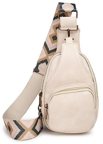 FANDARE Brusttasche Damen Handtaschen Elegant Handy Umhängetasche PU Leder Sling Tasche mit verstellbarem, breitem Riemen Schultertasche Frauen Handytasche zum Umhängen Damentasche Beige weiß