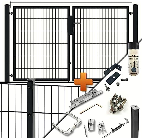 auf-mass24 Zaunanlage inkl 2,00m breite Toranlage Set mit Doppelstabmattenzaun Zauntor Abdeckleiste Einfahrtstor Zaun Tor RAL7016 Anthrazit (27.5, 1.63)