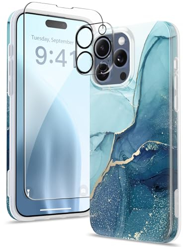GVIEWIN Case Compatible with iPhone 15 Pro Max 6.7 2023, with Screen Protector+Camera Lens Protector, [Military Grade Protection]Non-yellow Sparkle Marble TPU Shockproof Anti-Scratch Cover, Navy Blue