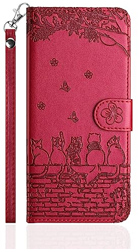 Butnyeoe Handyhülle für iPhone 6 Plus/iPhone 6s Plus,Zaunkatzen Klappbar Hülle,Geprägtes PU Leder Wallet Schutzhülle Tasche Flip Case,Magnetische Klapphülle mit Kartenfach Standfunktion,Mauve/Rot