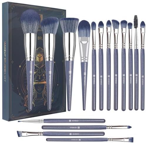 Pinceaux Maquillages HEYMKGO 16 pièces poils synthétiques de qualité supérieure manche conique bleu foncé pinceau de fond de teint Kabuki ensemble de pinceaux de maquillage