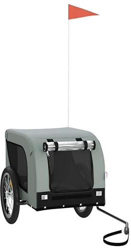 vidaXL Fahrradanhänger für Hunde, Hundeanhänger mit Reflektoren Flagge, Hundetransporter Maximale Belastbarkeit 45kg, Grau Schwarz Oxford-Gewebe Eisen