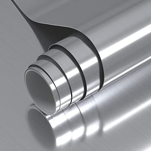 VOLEAAR Glossy Silver Stainless Steel Contact Paper 40CM x 1000CM Peel and Stick Vinyl Brushed Metal Look Wallpaper for Kitchen Cabinet Countertop Dishwasher Appliances Wrap Fridge Cover