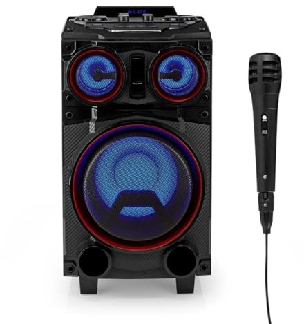 Ex-Pro Bluetooth V5.0 Party Portable Wireless Speaker with 2 x Microphone, 120W Karaoke PA System with 8 Subwoofer, Flashing RGB LED Lights, Treble and Bass Control, and Trolley System
