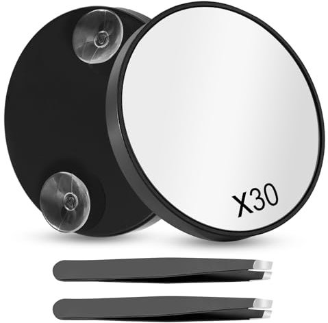 Miroir Grossissant X 30, Petit Miroir Grossissant avec Ventouses et 2 Pince à épiler, Miroir grossissant de Voyage 30X pour Maquillage de Voyage, la Taille des Sourcils, Tailler la Barbe, 8,9 CM