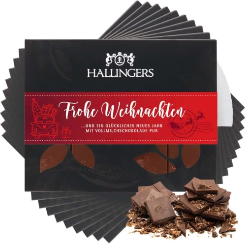 Hallingers Genuss Manufaktur Schokolade Weihnachts-Geschenk - Tafel Edelkakao handgeschöpft ohne Alkohol edler Karton 10x Frohe Weihnachten Pur, Weihnachten für Frauen Männer