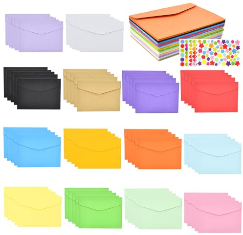 XAVSWRDE 14 Farben 70 Stück Mini Umschläge Bunt Mini Briefumschläge Mini Kuvert Kleine Umschläge 11,5x8cm Briefumschläge für Einladungskarten Hochzeit Geburtstag Geschenkkarte mit 3 Blatt Aufkleber
