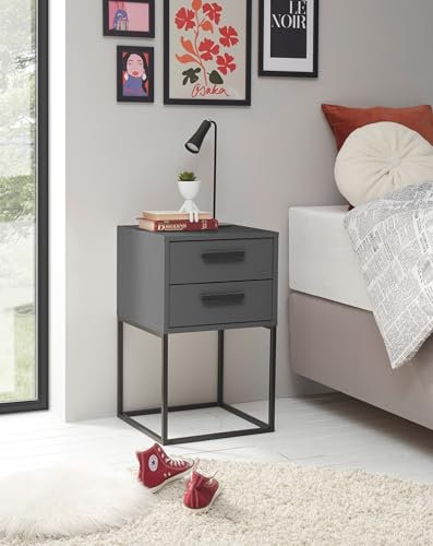 möbelando Suna Nachttisch in Graphit - Moderner Nachtschrank mit Schubladen und schwarzem Metallgestell - 40 x 65 x 38,5 cm (B/H/T)