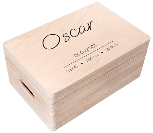 Creative Deco Erinnerungsbox Baby Personalisiert mit Namen | 30 x 20 x 14cm | Pünktchen | Individuelle Erinnerungskiste Geschenk zur Geburt für Mädchen und Jungen | Holzkiste mit Deckel, Zeitkapsel