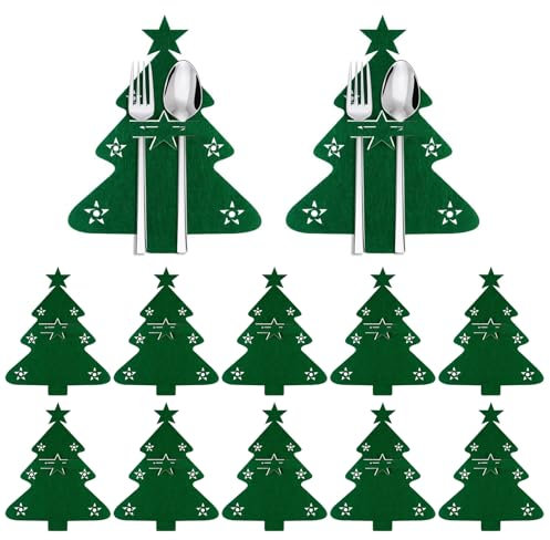 Ymxil 12St Besteckhalter Weihnachten Filz, Weihnachten Tischdeko Geschirr Bestecktasche Weihnachtsbaum Besteckhalter Weihnachts Messer Gabeln Löffel Halter für Weihnachten Party Tischdeko (Grün)